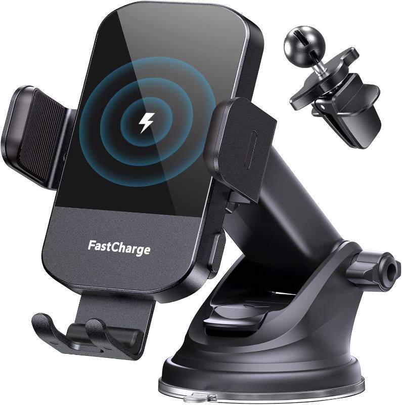 lot 7061 image: CHGeek Wireless Car Charger, 15W Fast Charging Auto Clamping Phone Holders for Your Car Phone Mount fit for iPhone 17 16 15 14 13 12 Pro Max 11 XR XS, for Samsung Galaxy S25 Ultra S24 S23, Black - Retail $26