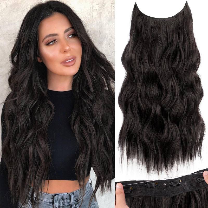 lot 7108 image: KooKaStyle Invisible Wire Hair Extensions with Transparent Wire Adjustable Size 4 Secure Clips Long Wavy Secret Synthetic Hairpiece 20 Inch 120g Rich Dark Brown with Warm Tones for Women - Retail $19