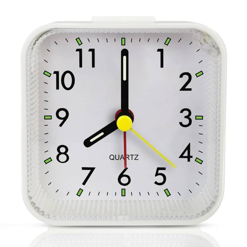 lot 7118 image: Lamisola Small White Kids Desk Battery Alarm Clock, Analog Travel Clock, Quieter Bedside Clocks for Bedrooms Bathroom Living Room Kitchen Shelf - Retail $10