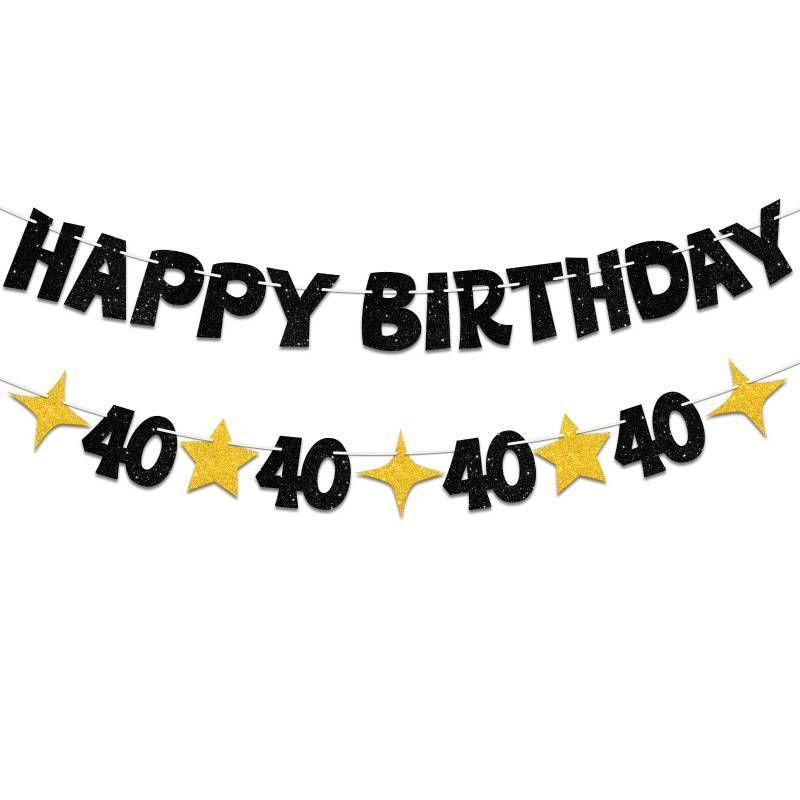 lot 7171 image: JNXCYQ Black Gold Happy 40th Birthday Banner-Happy 40th Birthday Decorations for Men Women,Glitte 40 Birthday Party Decor Sign,40th Birthday Party Supplies - Retail $9