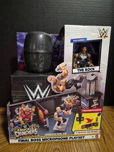 lot 104 image: WWE Knuckle Crunchers Final Boss Microphone Playset with The Rock Figure - Retail $25