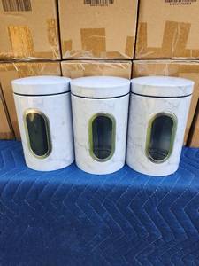 lot 220 image: LOT OF 15 Food Storage Canister Set 3-Piece Marble Pattern FoodCanister-1 - Retail $0