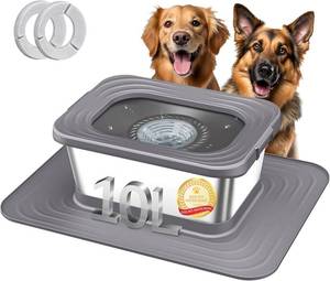 lot 63798 image: 10L Stainless Steel Dog Water Bowl, No Spill Anti-Splash Dog Bowls with XXL Silicone Mat, Spill-Proof Slow Feeder for Messy Drinkers, Heavy Duty Pet Bowls for IndoorOutdoor Use Grey - Retail $37