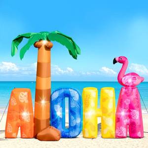 lot 63801 image: 7FT Inflatable Aloha with Palm Tree Flamingo for Luau Party Decorations, Blow Up Aloha Sign Built-in 7 LED Lights for Summer Outdoor Decor, Hawaiian Beach Pool Yard Garden Birthday Photo Backdrop - Retail $40