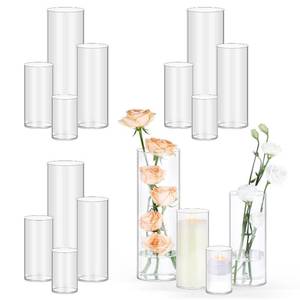 lot 63813 image: 16 Pack Glass Cylinder Vases 4, 6, 8, 10 Inch Tall Clear Flower Vases for Table Centerpieces Wedding Decoration, Hurricane Floating Candle Holder for Party Home Decor - Retail $38