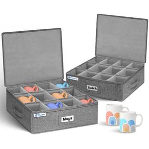 lot 63821 image: Mug Storage Organizer wHard Shell Sides & Bottom, Padded Dividers, 2-Pack Stackable Coffee Mug Storage Boxes for Tea Cups, China Storage Containers for Packing & Moving - Retail $30