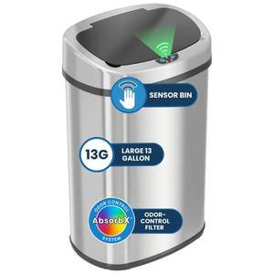 lot 63826 image: 13 Gallon Oval Sensor Trash Can with Odor Filter, Fingerprint-Proof Stainless Steel, 50 Liter Automatic Kitchen Garbage Bin, Smart Hands-Free Motion Lid, Quiet Soft-Close, Brushed Silver - Retail $82