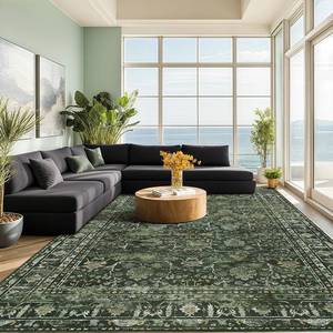 lot 63828 image: 8x10 Area Rugs for Living Room, Non Slip Washable Rugs Large Rug Indoor Carpet, Durable & Soft Vintage Rug for Bedroom Dining Room Home Office Decor, Dark Green - Retail $70