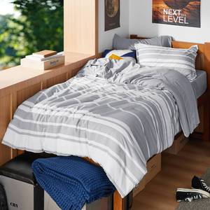 lot 63840 image: Twin XL Comforter Set 5 Pieces, Grey Striped Bedding Set for All Seasons, Reversible, Cationic Dyeing Bed in a Bag with Comforter, Sheets, Pillowcase & Sham - Retail $43