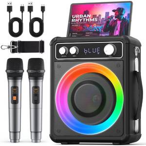 lot 63844 image: Karaoke Machine with 2 Wireless Microphones, Portable Bluetooth Speaker for Adults Kids, PA Systems Support TWS Echo Adjust TF USB AUX for Home Party Outdoor Travel - Retail $60