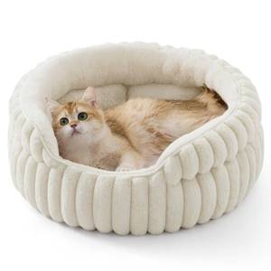 lot 63849 image: ComfyFleece Cat Bed, Washable Round Cute Pet Beds for Indoor Cats, Super Soft Corduroy Kitten Bed with Anti-Slip Bottom, 20x20x8, Cream - Retail $33