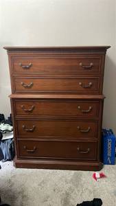 lot 6 image: Ethan Allen Two-Piece Wooden Dresser 5 Drawer Chest with Metal Handles