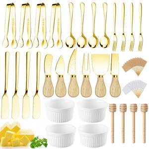 lot 72704 image: Charcuterie Boards Accessories Gold Charcuterie Utensils Cheese Butter Spreader Knife Set Small Serving Tongs Forks and Spoons Dipping Bowls Honey Dippers Toothpick Flags for Party Platter Making - Retail $23