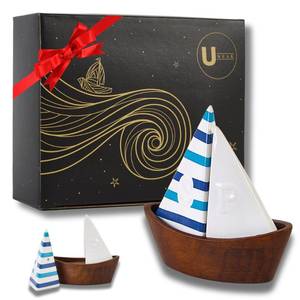 lot 72728 image: Handcrafted Ceramic Cute Sailboat Salt And Pepper Shaker with Cherry Wood BaseBoat Elegant (2 Pcs Set) Gift Shakers Set Compact Cooking, Kitchen and Dining Room, Classic, Refillable - Retail $25