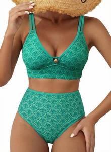 lot 72746 image: Womens Bikini Sets V Neck Cutout Two Piece Swimsuit Push Up High Waisted Tummy Control Bathing Suits Sexy Beach Swim Wear Summer 2026 Zigzag Stitch Green Scalloped Floral X-Large - Retail $27
