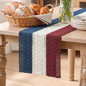 lot 72752 image: Blue Beige Red Farmhouse Rustic Memorial Day Table Runner, 4th of July Holiday Hollow Kitchen Dining Table Decoration for Home Party Decor 12x36 Inch - Retail $14