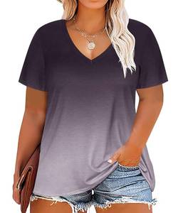 lot 72753 image: Plus Size Short Sleeve Tops for Women 4X V Neck Gradient Grey Oversized Casual Loose Fit Pullover Henley Shirts Ladies Summer T-shirt Lovely Workout Tunic 4XL 26W - Retail $20