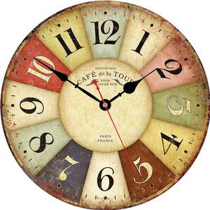 lot 72760 image: Clocks Battery Operated Wooden Wall Clock Retro Rustic Clock Decorative 14 Inch Arabic Numerals Colorful Silent Non Ticking Wall Clocks for Kitchen,Living Room,Bathroom,Bedroom Home Decor - Retail $22