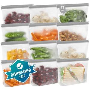 lot 72761 image: Dishwasher Safe Reusable Storage Bags Stand Up - BPA Free Reusable Sandwich Bags - Leakproof Gallon Freezer Bags, Food Storage Bags - Gray 12 Sandwich Bags - Retail $16