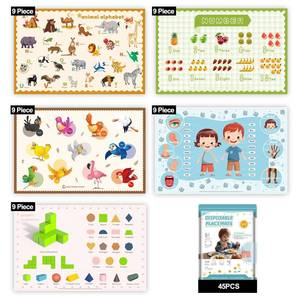 lot 72762 image: 45 Pack Sticky Disposable Placemats for Baby & Toddlers,Toddler Placemat 12x18 Kids Table Mat for Party, Picnic Table, Restaurants Dining Table Travel Essentials for Toddlers with 5 Designs - Retail $8