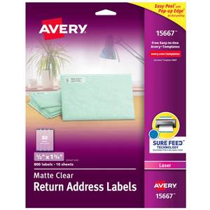 lot 72763 image: Avery Printable Return Address Labels with Sure Feed, 0.5 x 1.75, Matte Clear, 800 Blank Mailing Labels (15667) - Retail $13