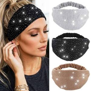 lot 72792 image: Rhinestone Headband Black Wide Head Wraps Crystal Bling Headbands Elastic African Turban Stylish Yogo Exercise Hair Accessories for Women and Girls (Pack of 3) - Retail $8