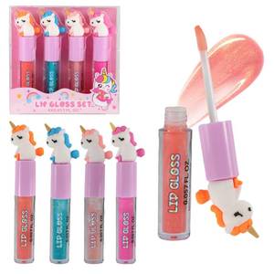 lot 72801 image: 4pc Unicorn Lip Gloss Stick for Girls- Party Favors Glossy Lip Set with Magic Topper, Girls Birthday Gift, Princess Theme Gift (4 Pack) - Non Toxic - Retail $9