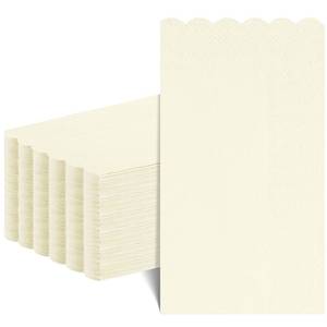 lot 72805 image: 60 Pcs Ivory Wedding Napkins, 2 Ply Disposable Cream Napkins Decorative Guest Hand Towels for Bathroom Beige Scalloped Paper Dinner Napkin for Birthday, Party, Bridal Baby shower - Retail $10