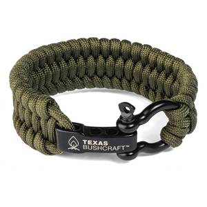 lot 72843 image: Texas Bushcraft Firecraft Cord Survival Bracelet �� Paracord Bracelet with Bow Shackle for Camping and Emergency �� 3 Extra Strands Include Wax Thread, Tinder, and Fishing Line (Army Green, M) - Retail $14