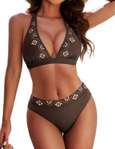 lot 72857 image: Womens 2 Piece Bikini Set Cut Out Flower Swimsuit V Neck Push Up Halter Bathing Suit Coffee , L - Retail $21