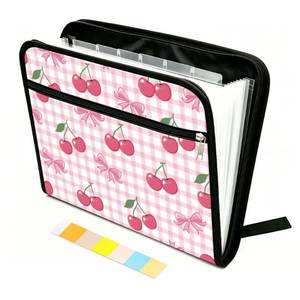 lot 72898 image: Cute Pink Cherry Expanding File Folder 13 Pockets Ribbon Bow Accordion Folders Document Organiser with 12 Color Labels and Zipper, Portable File Organiser for Photo Letter Receipt, A4 Size - Retail $11