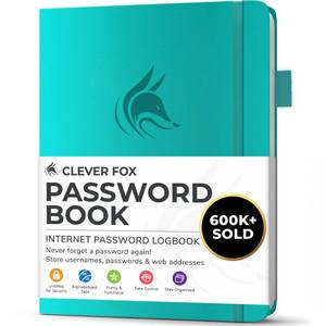 lot 72924 image: Clever Fox Password Book with alphabetical tabs. Internet Address Organizer Logbook. Small Pocket Password Keeper for Website Logins (Turquoise) - Retail $14
