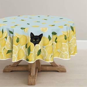 lot 72926 image: Summer Tablecloth 90�90 Inch Round, Lemon Cat Blue Yellow Green Washable Seasonal Table Cover for Party Picnic Dinner Decor - Retail $19