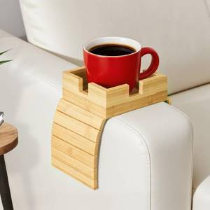 lot 72934 image: Bamboo Couch Cup Holder �� Non-Slip Armrest Tray for Recliner & Loveseat �� Large Caddy for Drinks, Cell Phone, and TV Remote(Large) - Retail $16