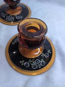 lot 2518 image: Amber Depression Glass Candlestick Holders - 2 ct