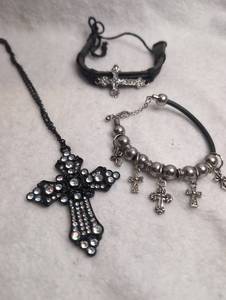 lot 3002 image: Cross Pendant Necklace and Bracelet with Charms and Rhinestones