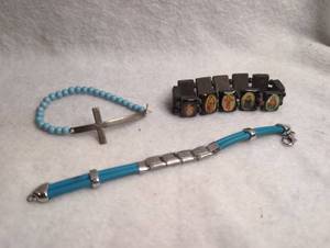 lot 3003 image: Religious Bracelet Lot with Cross Pendant and Saint Wooden Bracelet