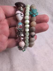 lot 3006 image: Beaded Bracelets Lot 3 Pieces Turquoise, Turtle, Pink Floral Charms