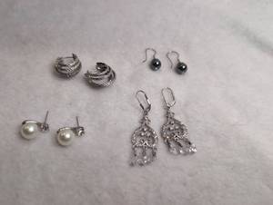 lot 3032 image: 4 Pair Earrings Lot Pearl Hoop Drop Chandelier Black Hematite Stone