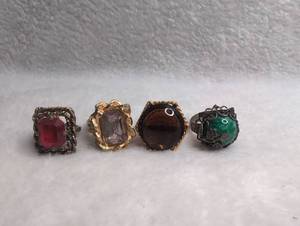 4 Ornate Stone Costume Rings with Red Brown Green Stones