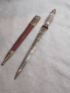 lot 3508 image: Decorative Dagger with Scabbard Engraved Blade White Handle