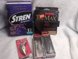 lot 4504 image: Fishing Lot Stren Original 8lb Line, Berkley Trimax, Rapala Lures, Crappie Crank