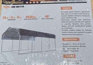 lot 2664 image: Unused LandHonor Metal Carport  LHR-MC1119  - Retail $0