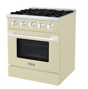 lot 524 image: Hallman 30 in Single Oven Duel Fuel, Antique White With Brass Trim, HDFR30BS, (Comes In 2 Boxes) - Retail $4,599