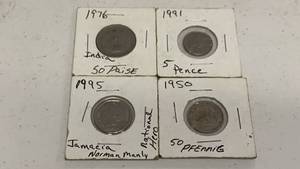 lot 42 image: Lot of 4 Foreign Coins - India, Jamaica, United Kingdom, Germany - World currency