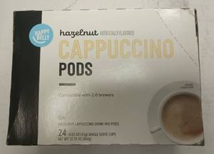 lot 532 image: Happy Belly Hazelnut Cappuccino Pods 24 Count 0.53 oz Single Serve Cups EXPIRED