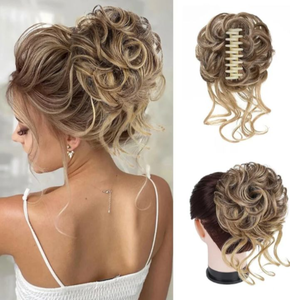 lot 540 image: Large Messy Bun Hair Pieces for Women Wavy Curly Fake Hair Bun Extensions Ponytail Hairpieces for Updo Natural Synthetic Claw Clip Bun Hair Accessories Light Brown mix Blonde