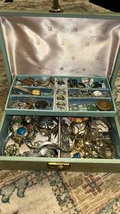 lot 1 image: Jewelry Box with Watches, Rings, Chains, Bracelets and Assorted Jewelry, seems to be a lot of Vintage