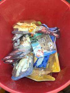 lot 68 image: BEANIE BABIES NEW FILLING A Sterilite 32-Gallon Red Wastebasket Trash can
