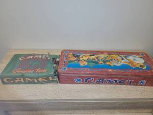 lot 106 image: Camel Cigarettes Tin Lot 2 Boxes Genuine Taste Collectible